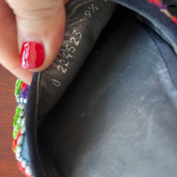 Stuart Weitzman Embroidered Denim Espadrille Flats With Black Ribbon Tie- Sz. 9. - Picture 7 of 13